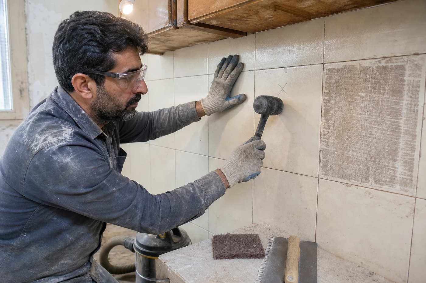 بررسی استحکام و آماده‌سازی کاشی قدیمی پیش از نصب کاشی روی کاشی